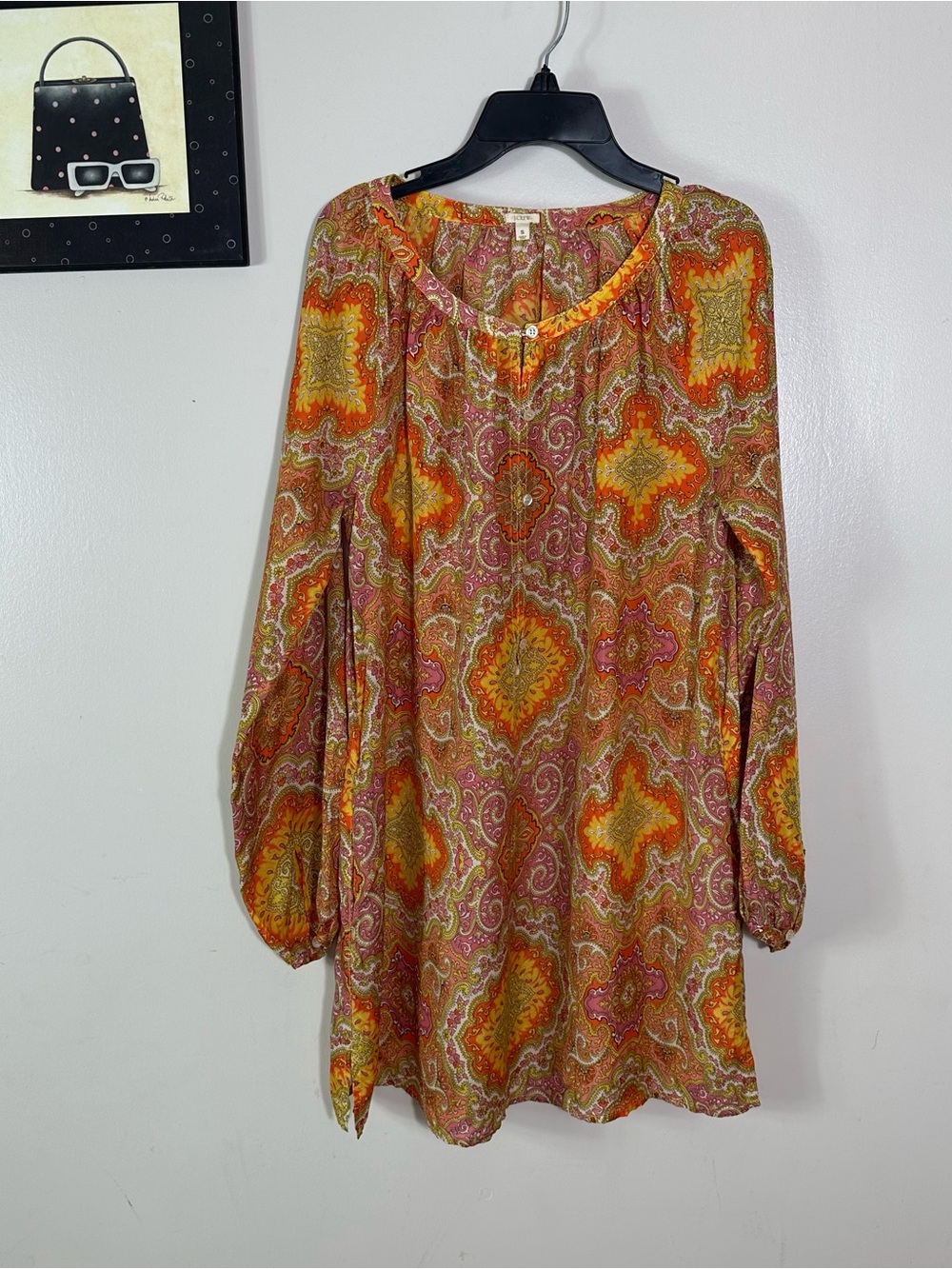 J. Crew Long-Sleeve Paisley Tunic Dress in Orange and Pink 100% silk with pock